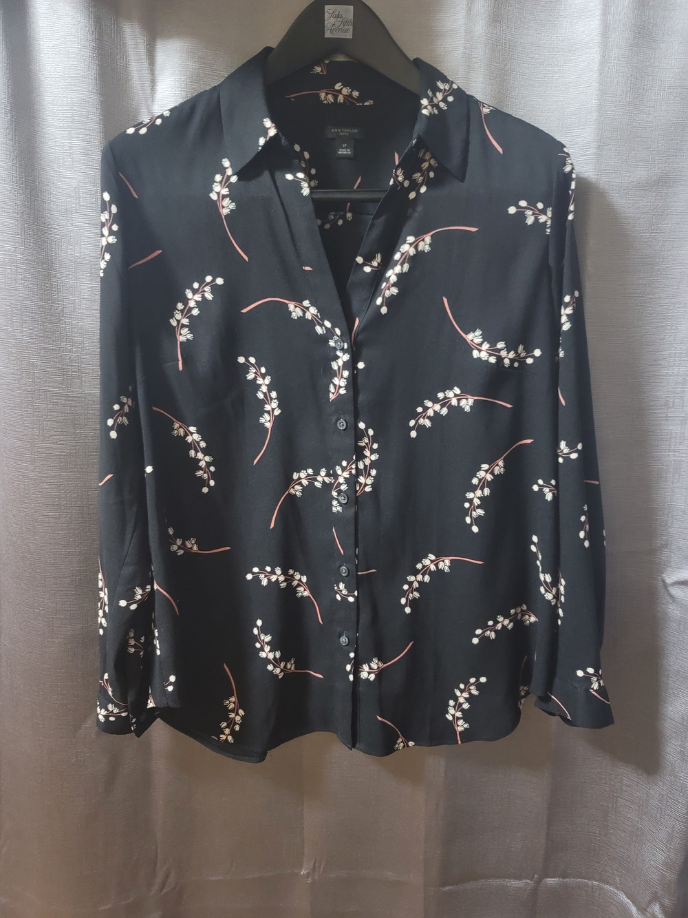 Ann Taylor Black Floral Button-Front Blouse with Pink Accents